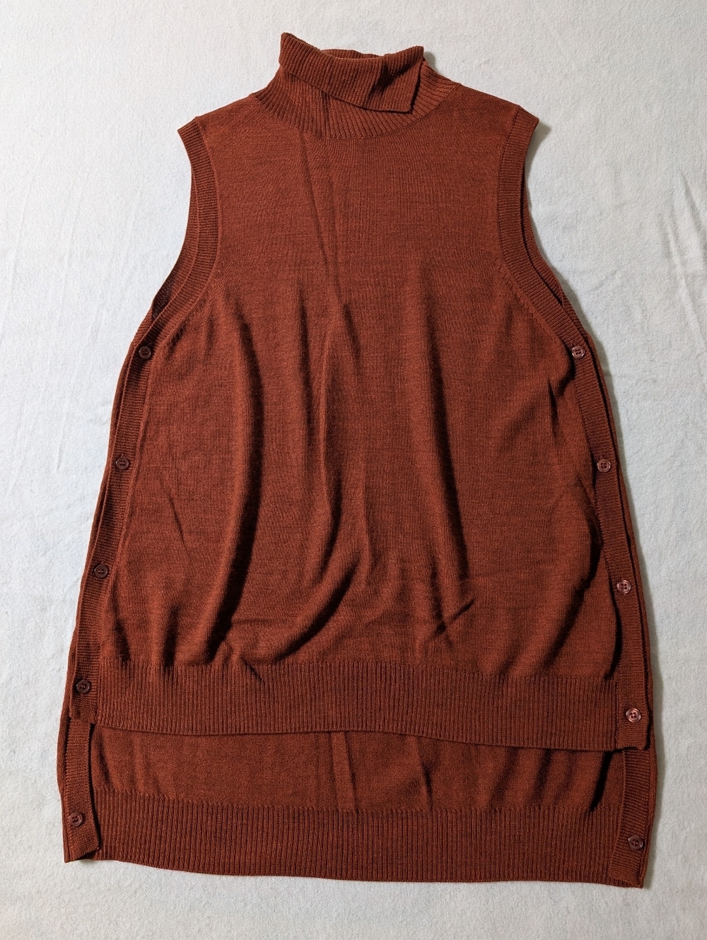 Merino Wool Blend Rust Sleeveless Mock Neck Button-Side Sweater Vest - Picture 4 of 7